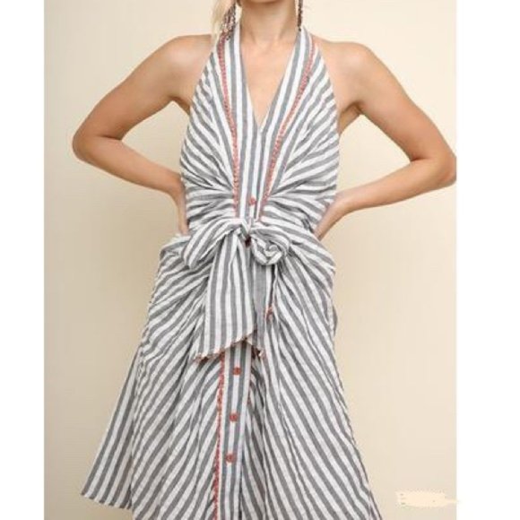 Umgee Gray Stripe Halter Dress - Picture 1 of 5